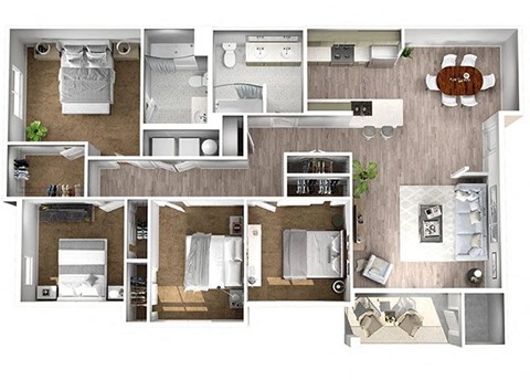 Floor plan for 4 beds, 2 baths, 1422 sqft